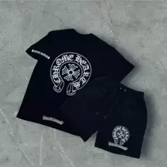 European and American T-shirt Trendy Vintage Printed Round Neck Short Sleeve Men's Loose Pure Cotton Loose hiphop Pants Couple's Suit