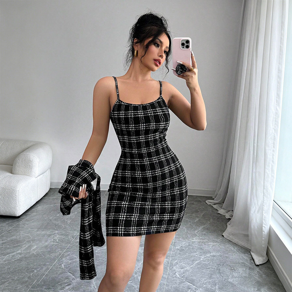 Black and White Plaid Two Piece Set Slim Fit Waist Cinching Elegant Style Perfect for Parties and Social Events