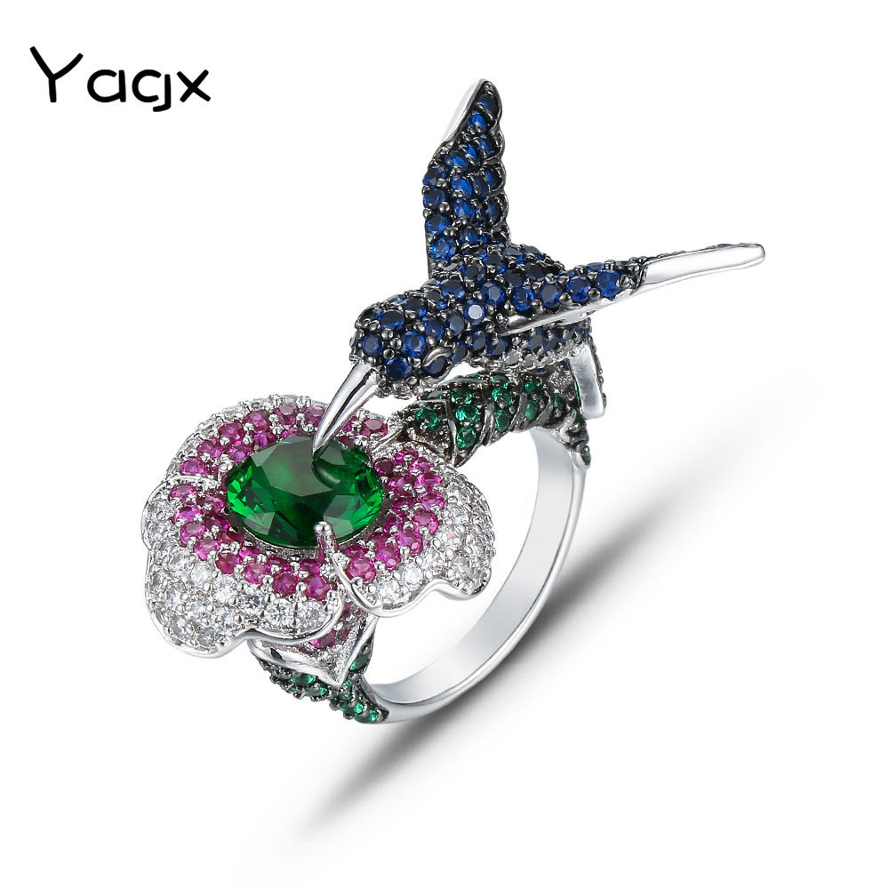 Креативное трехмерное кольцо с птицей из трансграничного источника Yagx, полное бриллиантов, с микроинкрустацией цирконом, цветочное кольцо на указательном пальце, точечное кольцо Изображение 1