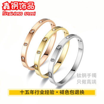 Japanese and Korean Fine Craftsmanship Rose Gold Titanium Steel Bracelet for Women, Non-Fading, Popular Style, Full of Diamonds, One Nail One Diamond, Couple's Jewelry Wholesale
