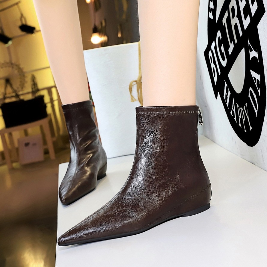 Boot nữ cổ thấp gót vừa khóa kéo sau, mũi nhọn tôn dáng, phong cách cổ điển dễ phối đồ — Lớp lót đơn màu đen, Lớp lót đơn màu nâu sẫm, Lớp lót nhung đen, Nhung màu nâu sẫm