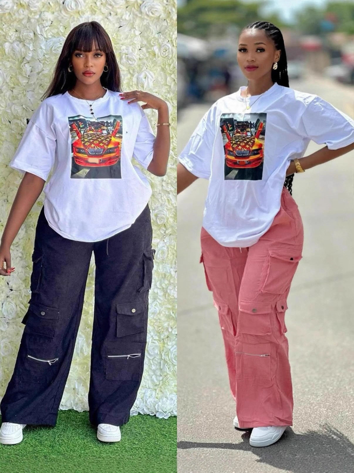 2025 Ready-Made New Hip-Hop Slimming Loose Casual Wide-Leg Cargo Pants and Heat-Printed Tops Two-Piece Set