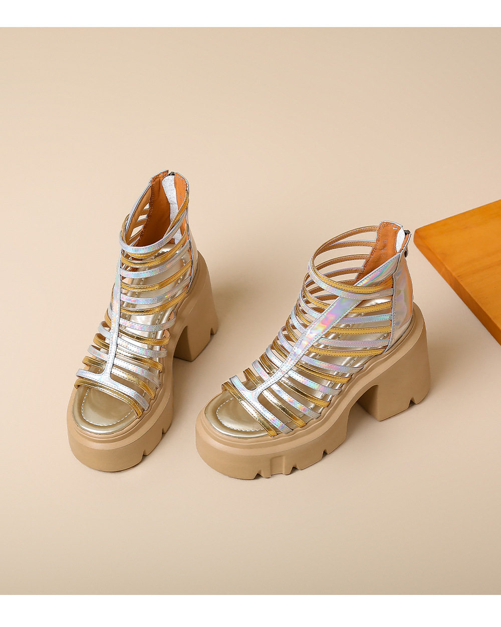 Sandal cao gót nữ mũi hở đế dày 12 cm phong cách La Mã khóa kéo sau — [Đen], [Vàng] chi tiết 13