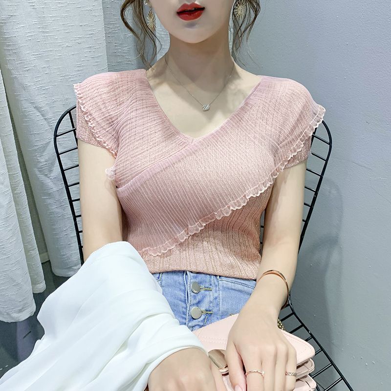 Summer Womens Sheer Knit Top Ruffle Hem V Neck Lightweight Ice Silk Casual Wear Stylish Design OEM Available