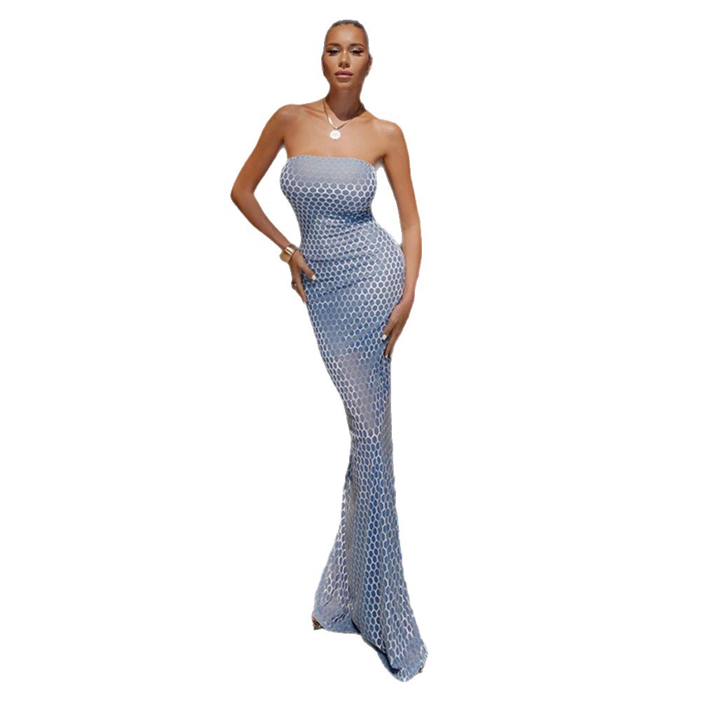 Blue Strapless Floral Maxi Dress Slim Fit High Slit Sequin Detail Evening Party Gown Wholesale Available