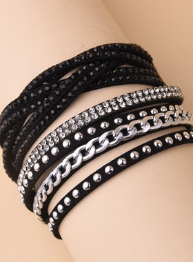 跨境新款欧美流行手串女镶钻小皮革链条小众波西米亚手链创意手镯