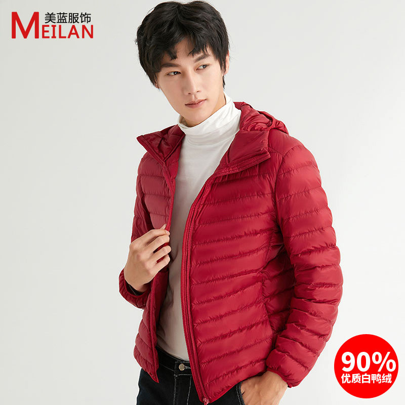 90 velvet men's hooded down jacket light short large size light foreign style white duck down jacket Pinghu down jacket wholesale