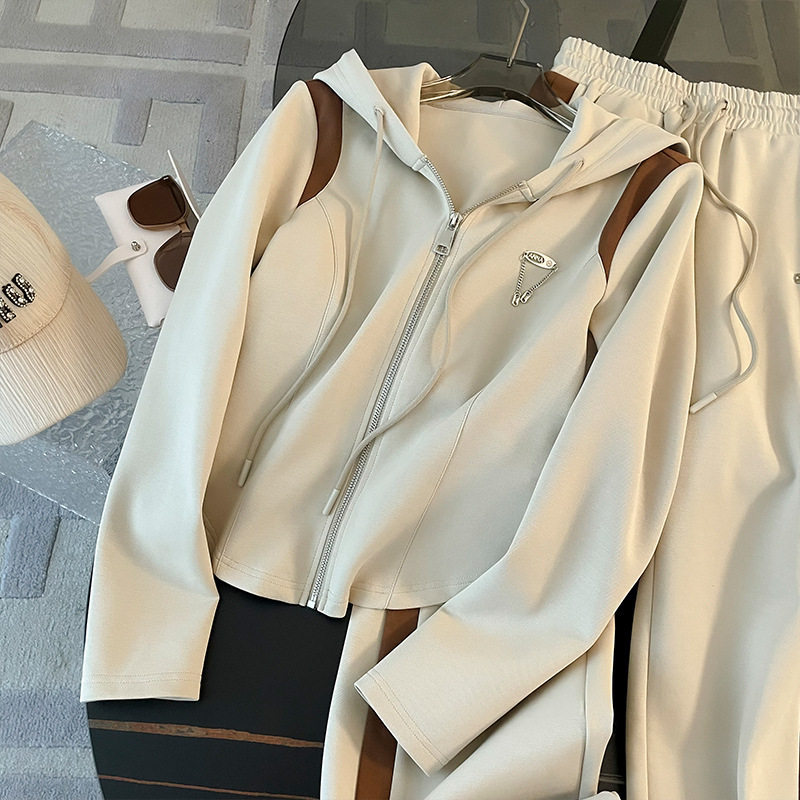 Women's Autumn European-made Niche Casual Sports suit Slim-fit Slimming Hooded Zipper Jacket Wide-leg Pants Two-piece Fashionable Set