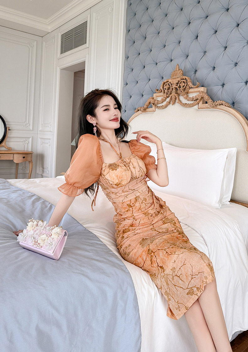 Đầm ôm body nữ dáng dài tay phồng cổ vuông phong cách Pháp — [Cam cổ điển] chi tiết 18