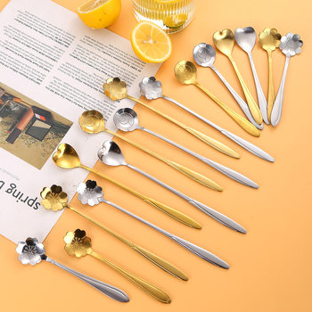 Factory wholesale stainless steel tableware cherry blossom spoon dessert spoon Golden creative long handle mixing spoon coffee spoon