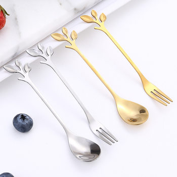 Factory Direct Sales Stainless Steel Spoon Leaf Spoon Fork Long Handle Coffee Spoon Fruit Fork Stirring Spoon Knife Tableware