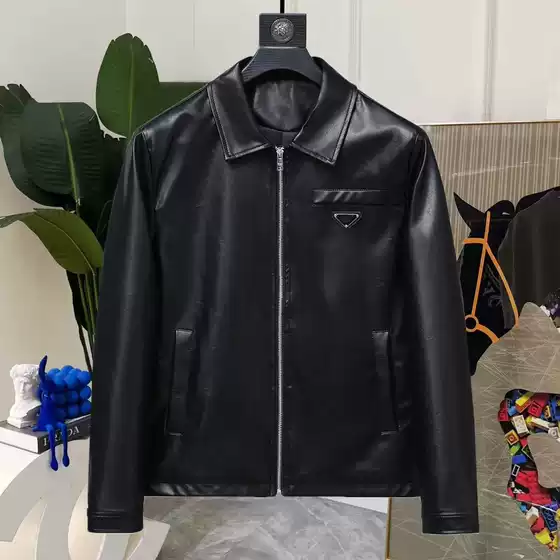Men's Genuine Leather Sheepskin Jacket, Middle-Aged, Turn-Down Collar, Business Casual, Simple Solid Color, Vintage Motorcycle Leather Coat