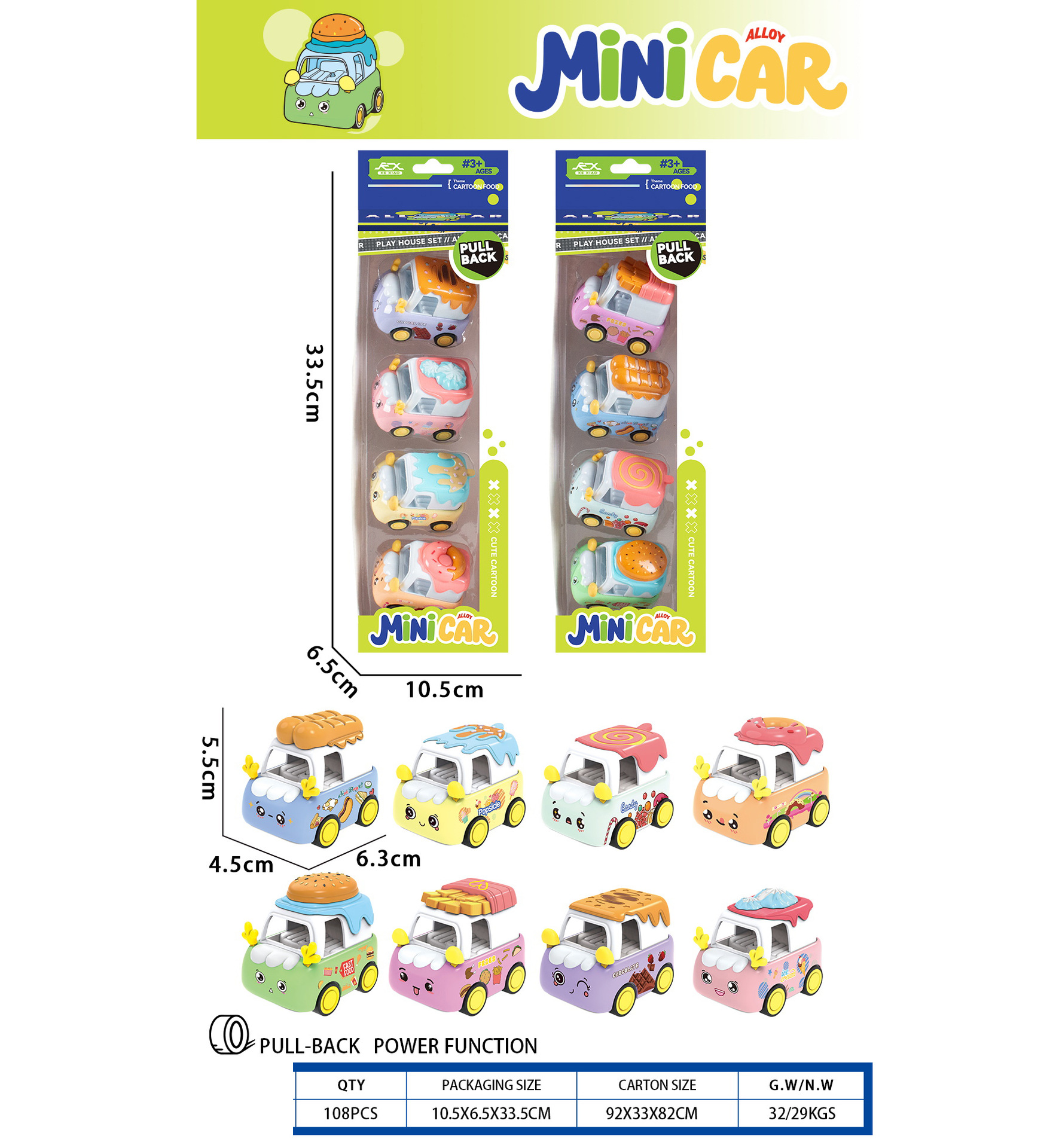 1:64合金回力卡通美食车回力合金玩具车加厚耐摔合金车仔回力车子