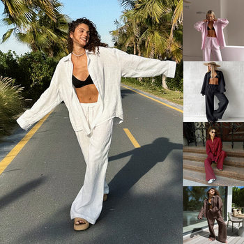 European and American Export 2025 New Women's Fashion Casual Loose Long-Sleeved Shirt Strappy Pants Two-Piece Suit for Women