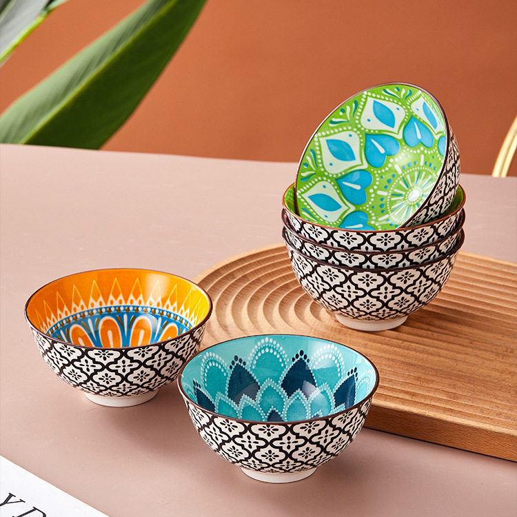 Cross-Border Bohemian Ceramic Bowl Japanese Tableware Rice Bowl Salad Bowl Set Amazon Temu Bowl and Chopsticks Gift Set