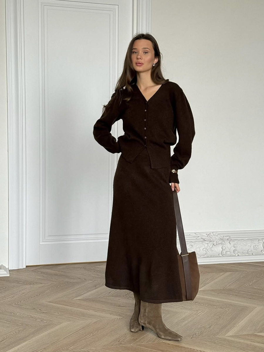 Womens Knitted Set Loose Fit Cardigan with Buttons Straight Skirt Autumn Winter Style Wholesale Available