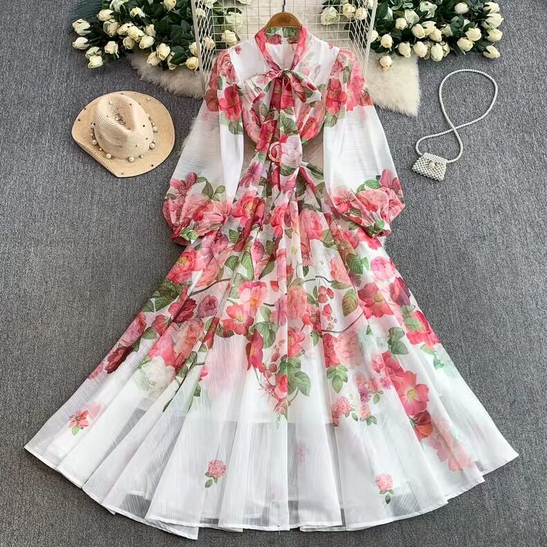 French Vacation Style Floral Print V Neck Dress Bow Detail Waist Defined Elegant A Line Skirt Spring and Autumn Wear