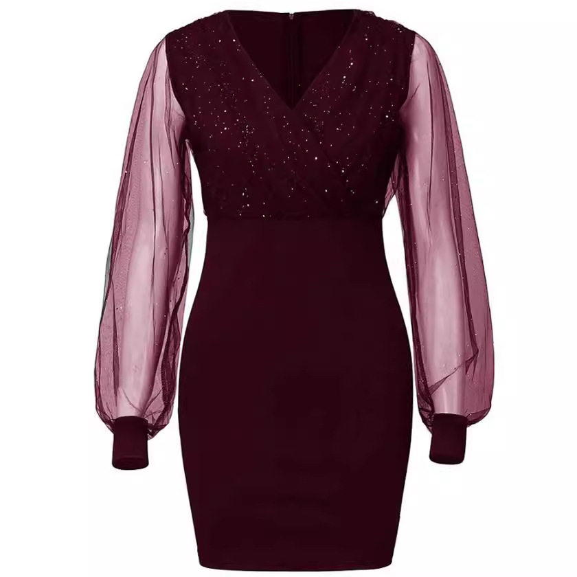 V Neck Sequin Dress Sheer Mesh Slim Fit Elegant Style Perfect for Parties and Special Occasions Ready to Ship