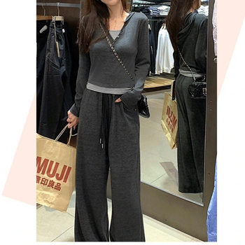 Autumn and winter new glutinous rice pants cardigan suit wide leg flared pants long sleeve coat contrast drawstring pullover hooded pants