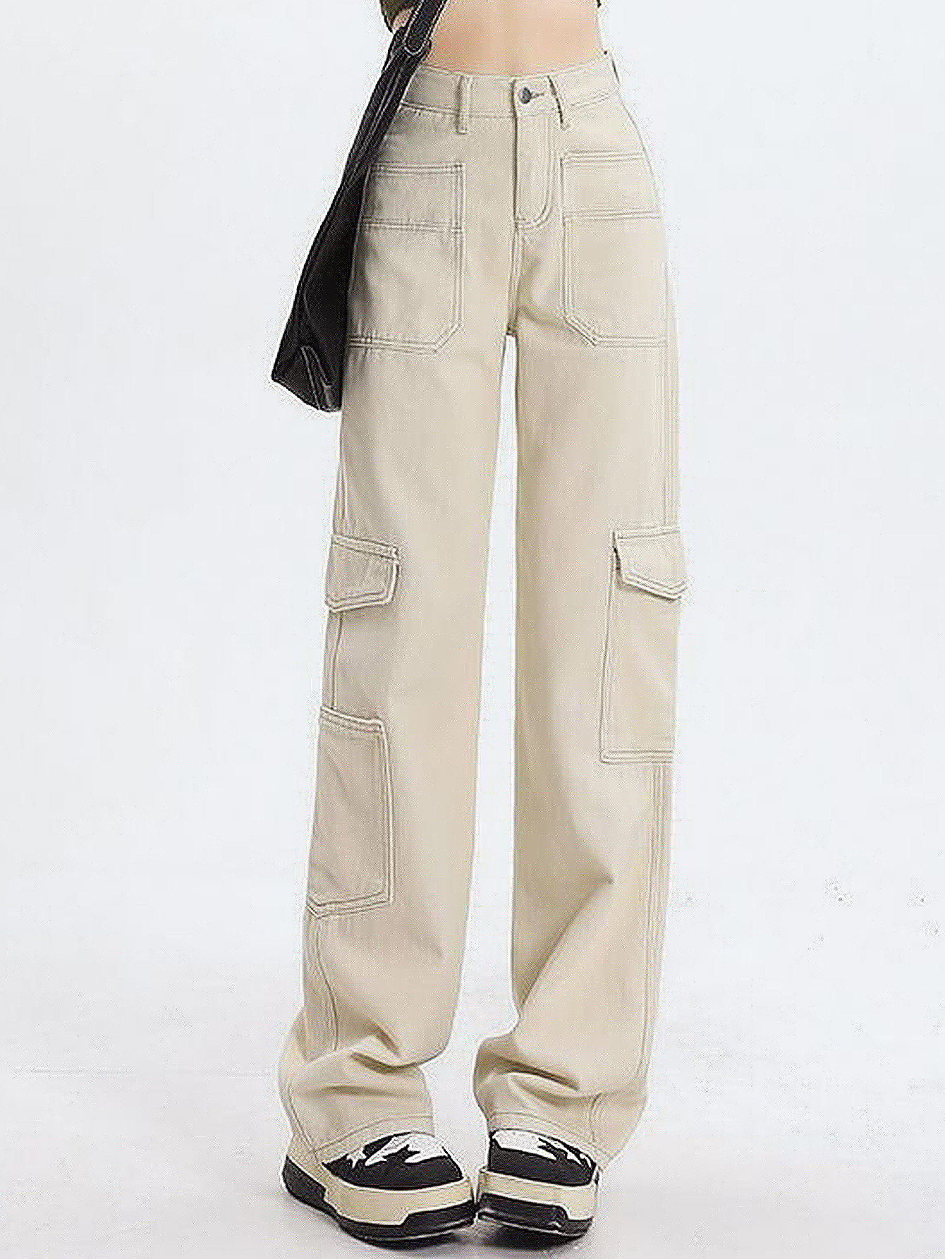 High Waisted Straight Leg Work Pants Loose Fit Wide Leg Large Pockets Casual Denim Trousers for Women Wholesale