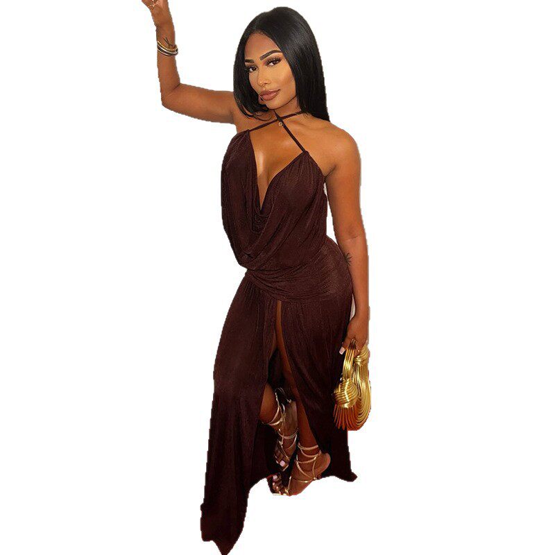 Chic Womens Dress Solid Color Asymmetrical Hem Deep V Neck Halter Neck Bodycon Style Perfect for Parties or