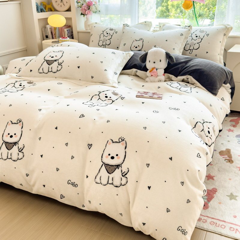 Category a Maternal and Infant Grade Milk Velvet Four-Piece Set Thickeneded and Warm Winter Fleece-Lined Bed Sheetss and Quilt Cover Student Three-Piece Set