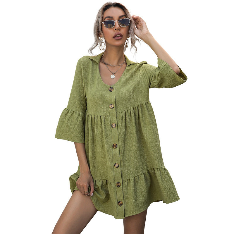 Loose Fit Solid Color Doll Dress Short Sleeve Lapel Design Casual Style Perfect for Spring and Summer Wholesale