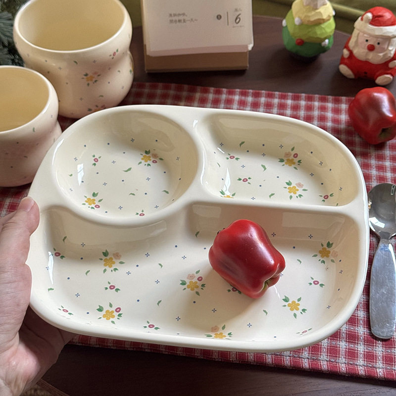 Ins-Style Floral Three-Compartment Plate, Cute Ceramic Breakfast Plate, Weight Loss Plate, Household Cup, Girls and Children's Divided Plate