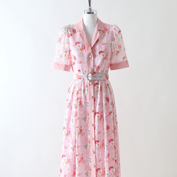 Vintage Lace Pink Dress with Suit Collar Short Sleeve Plus Size French Style Elegant Occasion Wear Wholesale