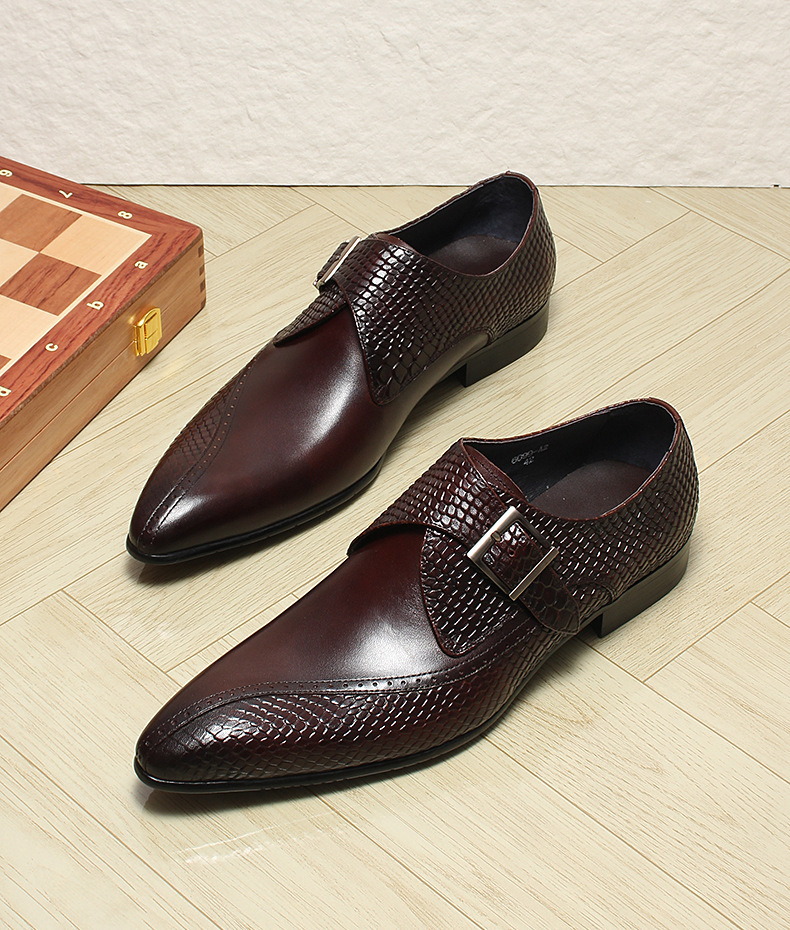 Giày da nam mũi nhọn khóa cài kiểu monk strap thanh lịch — Màu đen, Màu nâu đỏ