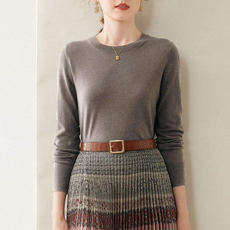 美丽诺精纺超细100纯羊毛衫女士薄款圆领套头毛衣内搭针织打底衫