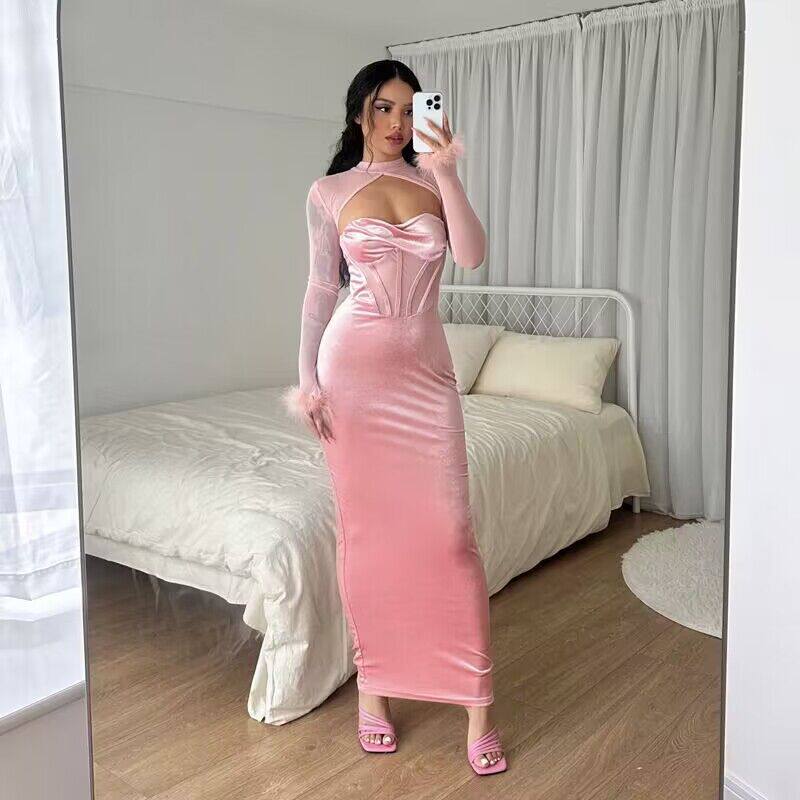 Womens Long Sleeve Sheer Mesh Dress Plush Fabric Hollow Out Design Slim Fit Nightclub Style Autumn Collection