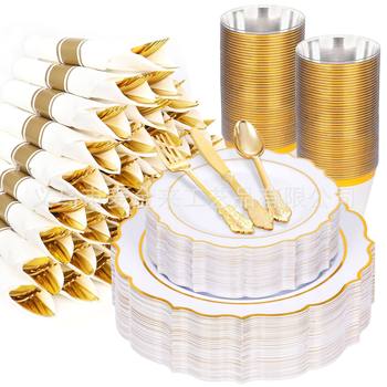 Cross-Border Disposable Gold-Edged Octagonal Plate 175Pcs/350Pcs/700Pcs Plastic Tableware Roll Paper Towel Set