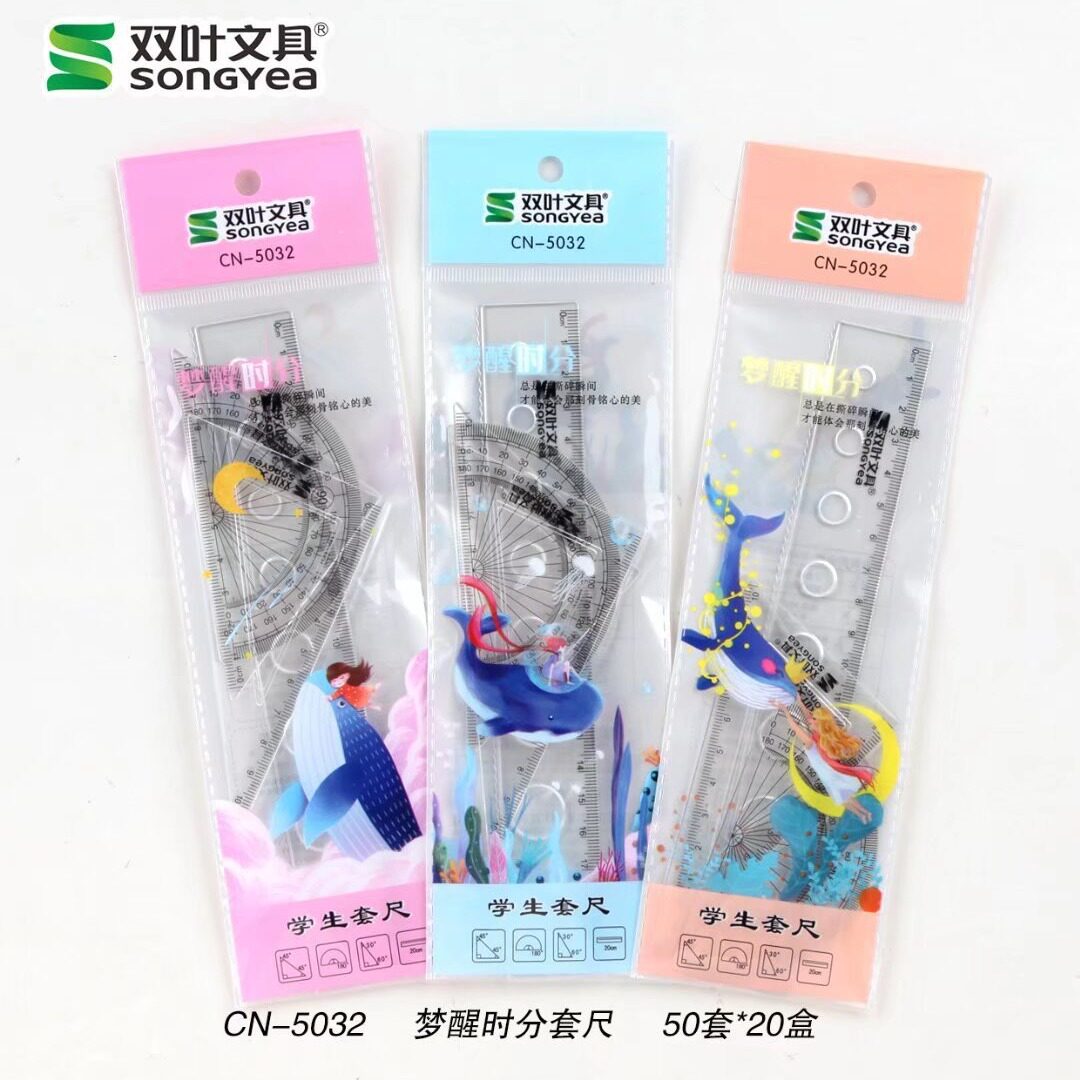 Cartoon Student Ruler Test suit Transparent Set Ruler Four-Piece Set 20cm Straight Ruler Cute School Supplies Stationery