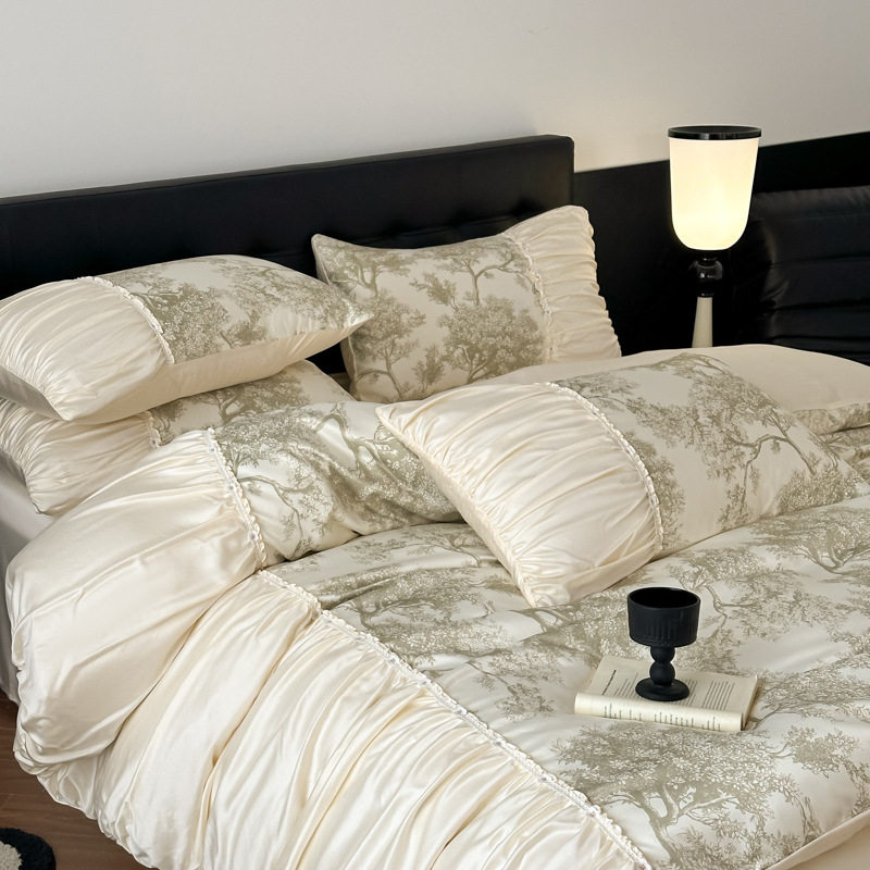 French Romantic Retro Style Washed Tencel Four-Piece Set Light Luxury Summer Washed Ice Silk Cool Bedding Set