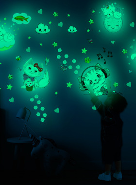嬉戏猫咪耳机音符猫星星绿光夜光荧光贴儿童房自粘卡通墙贴可定制