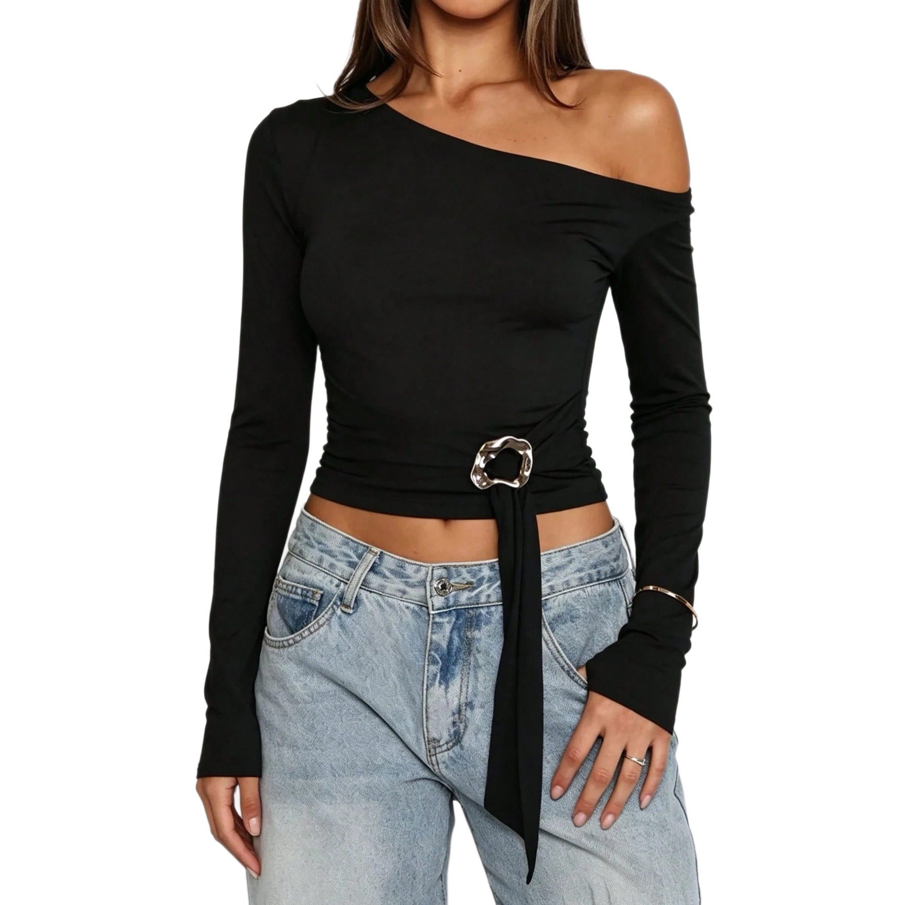 Asymmetrical Shoulder Long Sleeve Top Metallic Button Slim Fit Versatile Style Casual Wear for Women Wholesale