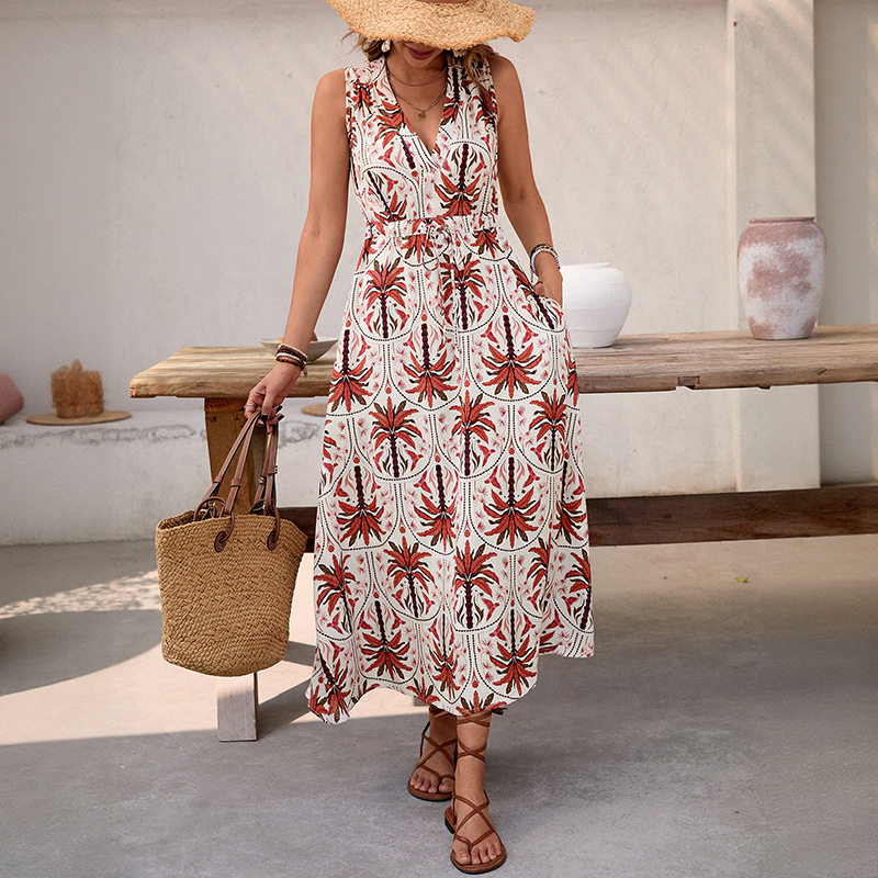 Tropical Floral Print Maxi Dress Sleeveless V Neck Flowy Design Perfect for Vacation or Resort Wear Wholesale