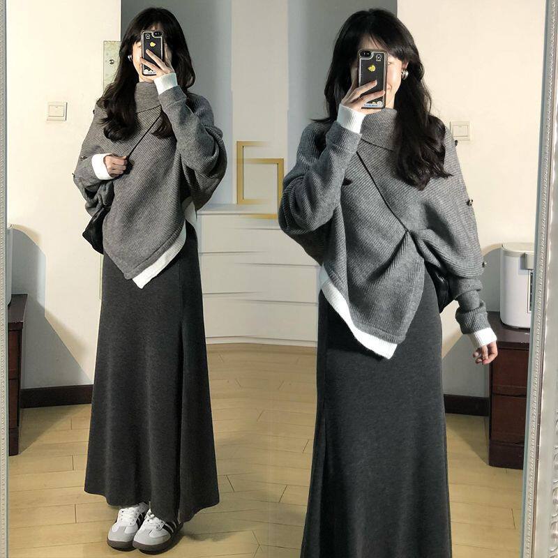 Pregnant Women's Autumn and Winter Wear Irregular Knitted Sweater Suit Dress Women's New Style Sexy Long Skirt