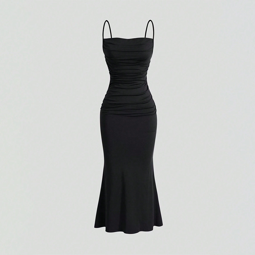 High Waist Bodycon Maxi Dress Adjustable Spaghetti Straps Tie Detail Mermaid Hem Spring Fashion for Elegant Occasions