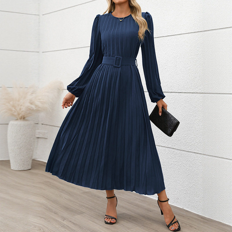 Elegant Vintage Long Sleeve Pleated Dress Solid Color Office Wear Autumn Style Wholesale Available