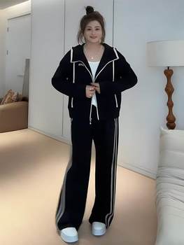 Plus-Size Korean-Style Sports Color-Block Hooded Jacket Casual Two-Piece Set Autumn and Winter Slimming Suit Cashmere