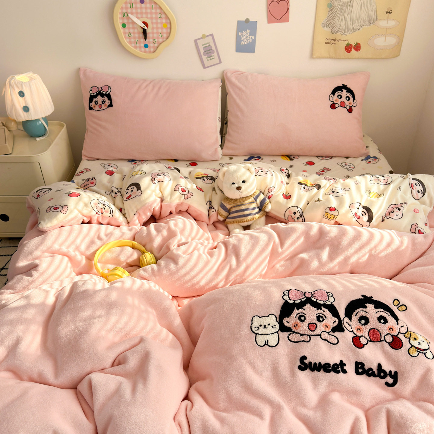 Winter New Towel Embroidered Milk Velvet Four-Piece Set Thickeneded Warm Bed Sheetss and Quilt Cover Dormitory Fleece-Lined Bed Bed Sheets Three-Piece Set