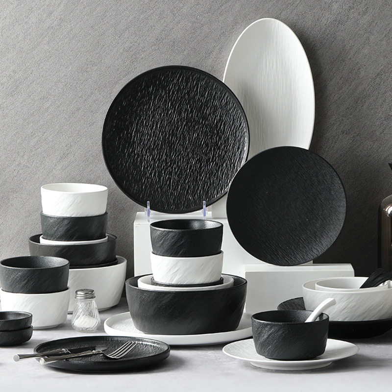 Jingdezhen Tableware Ceramic Bowl Household Plate High-Value Black and White Slate Stone Pattern Soup Noodle Bowl Ceramic Dinner Plate Optional