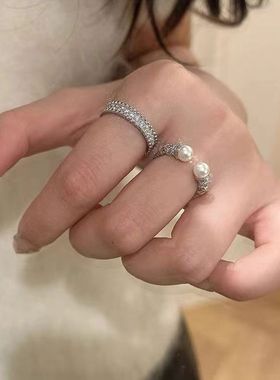 法式素圈中古风麻花珍珠开口食指戒指女小众轻奢时尚没钻宽版指环