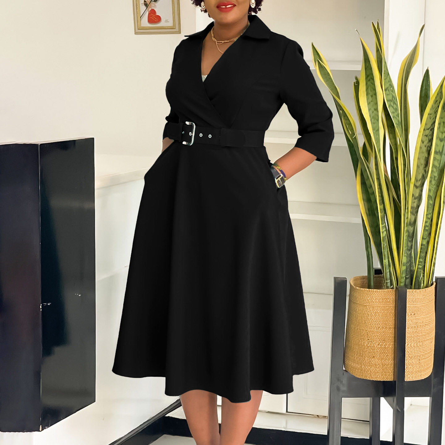 Plus Size Womens Dress Autumn Collection Stylish Lapel Design Solid Color Flared Skirt Wholesale Availability