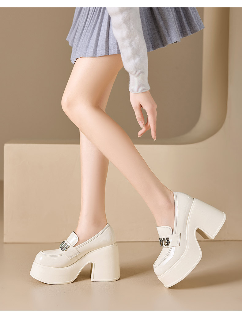 Giày lười nữ mũi tròn đế dày gót cao phối da bóng — màu đen, Màu trắng ngà