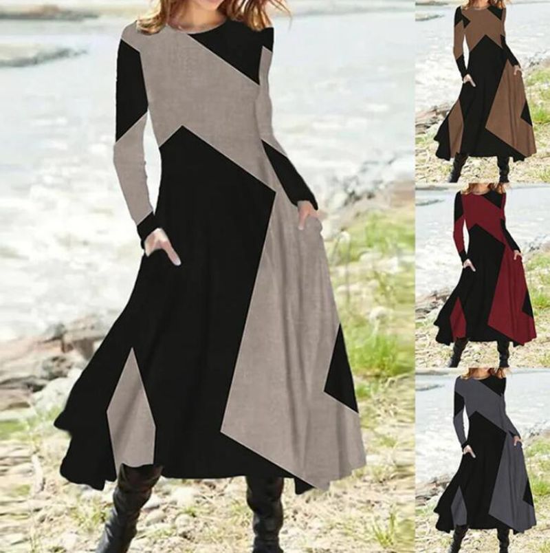 Long Sleeve A Line Dress with Pockets and Geometric Pattern for Fall Winter in Gray Red Blue Khaki