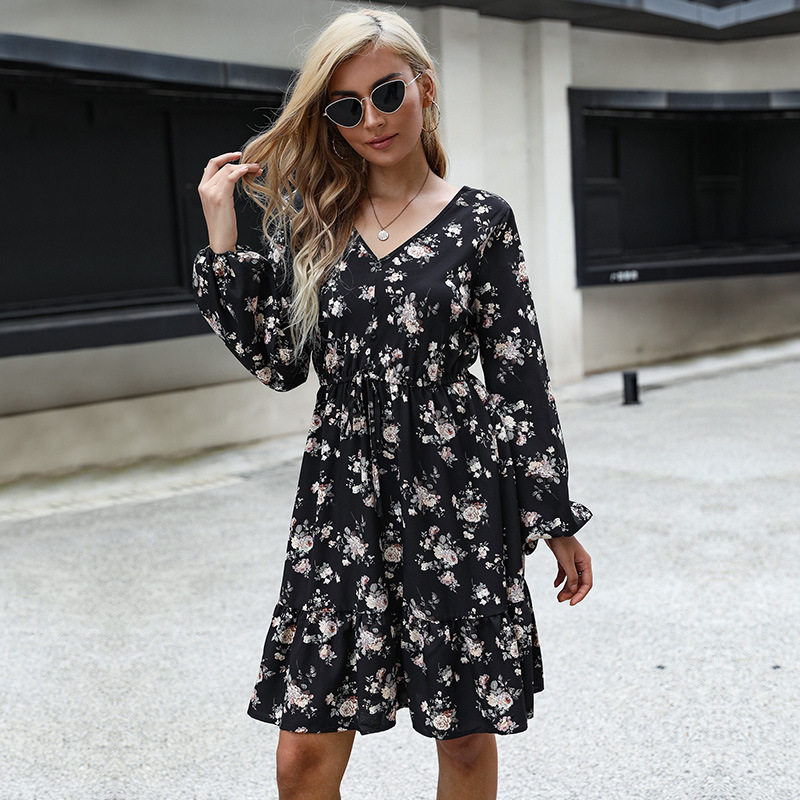 Fashion Womens Black Floral Print Long Sleeve V Neck Dress Stylish Elegant Versatile Perfect for Parties or Casual