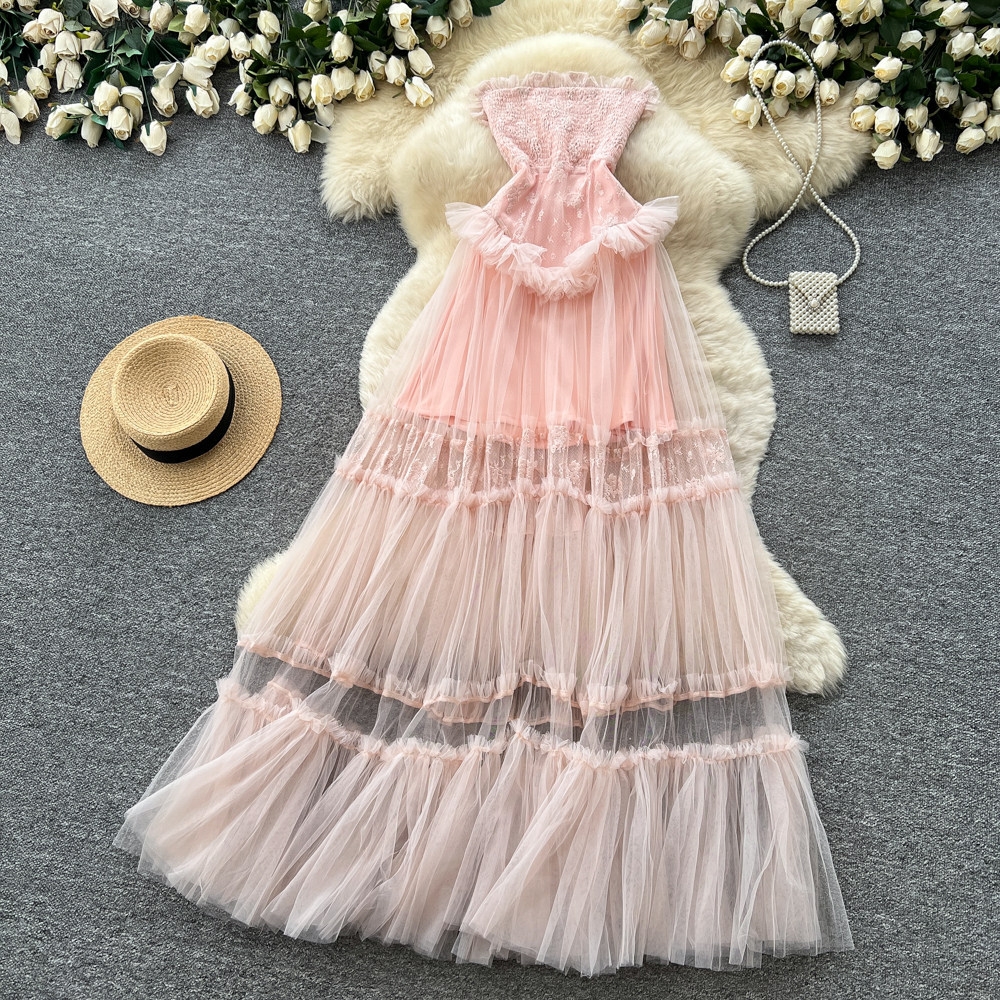 Lace Trimmed Strapless Maxi Dress High Waist Flared Skirt Sleeveless Elegant Design Summer Evening Wear OEM